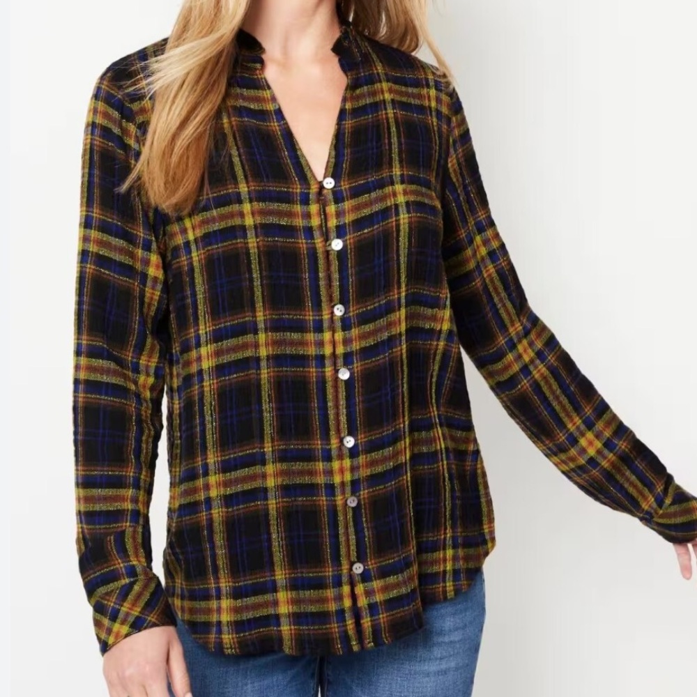 J. Jill Yellow, Black and Blue Plaid Button-Down Shirt